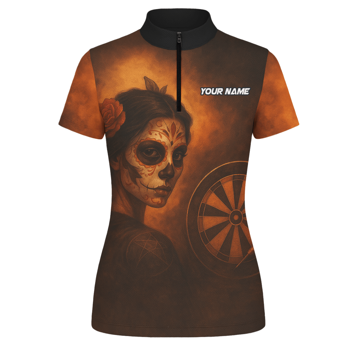 Damen Poloshirt Personalisiert Tag der Toten Zuckerschädel Darts Motiv Braun Orange K7534 - Outfitsuche