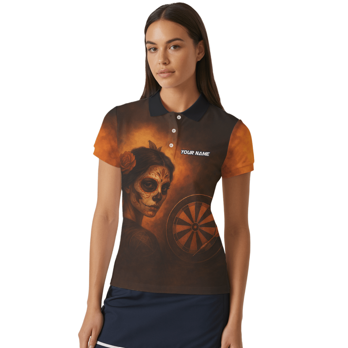 Damen Poloshirt Personalisiert Tag der Toten Zuckerschädel Darts Motiv Braun Orange K7534 - Outfitsuche