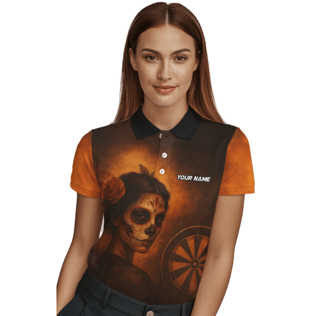 Damen Poloshirt Personalisiert Tag der Toten Zuckerschädel Darts Motiv Braun Orange K7534 - Outfitsuche