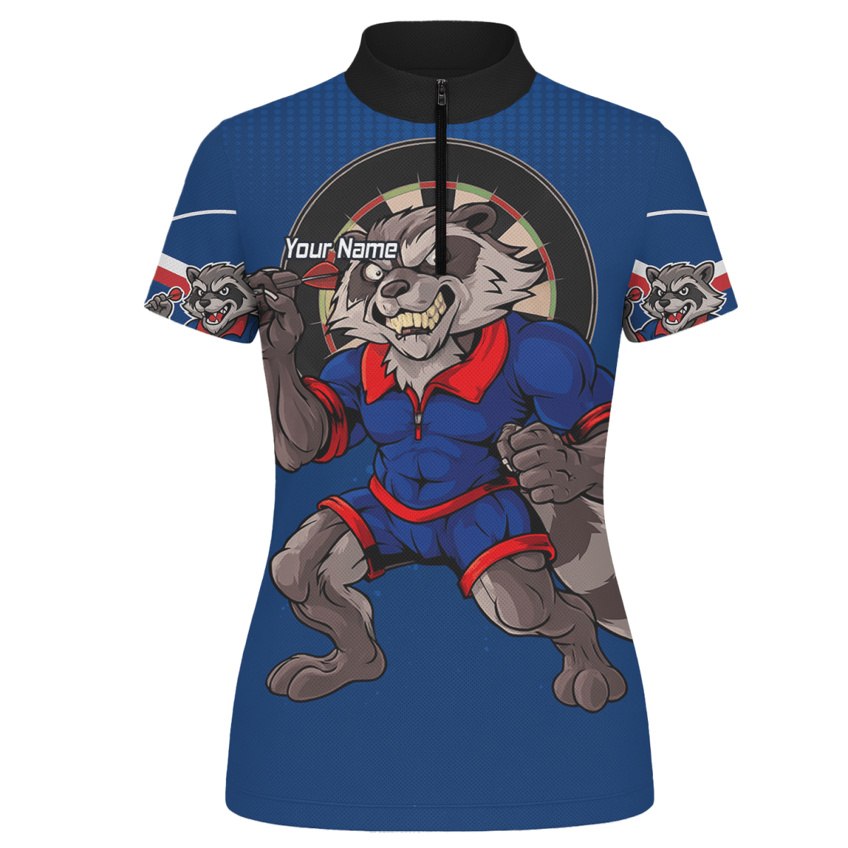 Damen Poloshirt Waschbär Darts Motiv, Personalisiert mit Wunschname & Team, Blau - Rot Y3391 - Outfitsuche