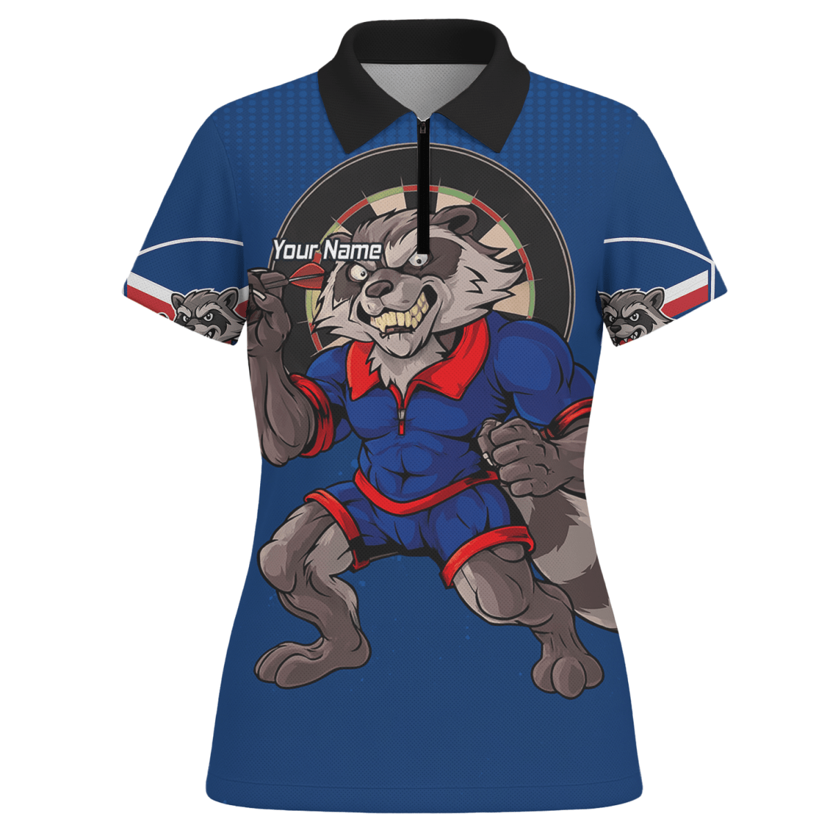 Damen Poloshirt Waschbär Darts Motiv, Personalisiert mit Wunschname & Team, Blau - Rot Y3391 - Outfitsuche