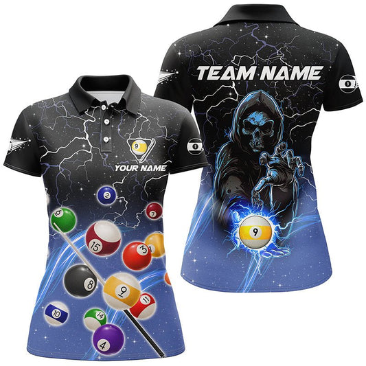 Damen Thunder Lightning Blau Skull Billard Polo - Shirt V1123 - Outfitsuche