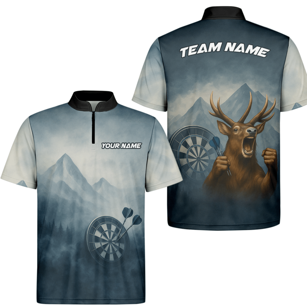 Dart Poloshirt für Herren mit Hirsch Berg Nebel Motiv - Personalisiert: Eigener Name & Team - P5260 - Outfitsuche