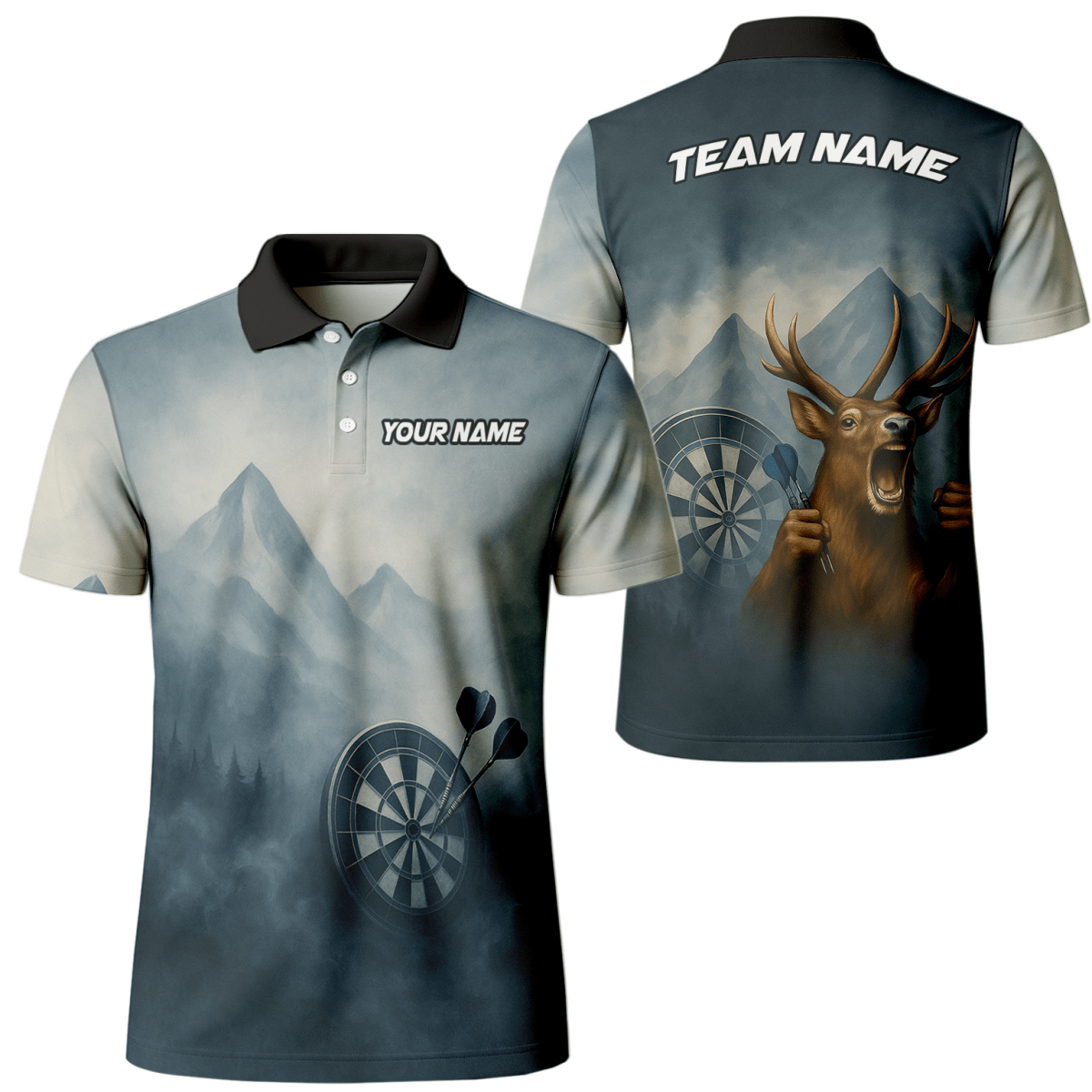 Dart Poloshirt für Herren mit Hirsch Berg Nebel Motiv - Personalisiert: Eigener Name & Team - P5260 - Outfitsuche