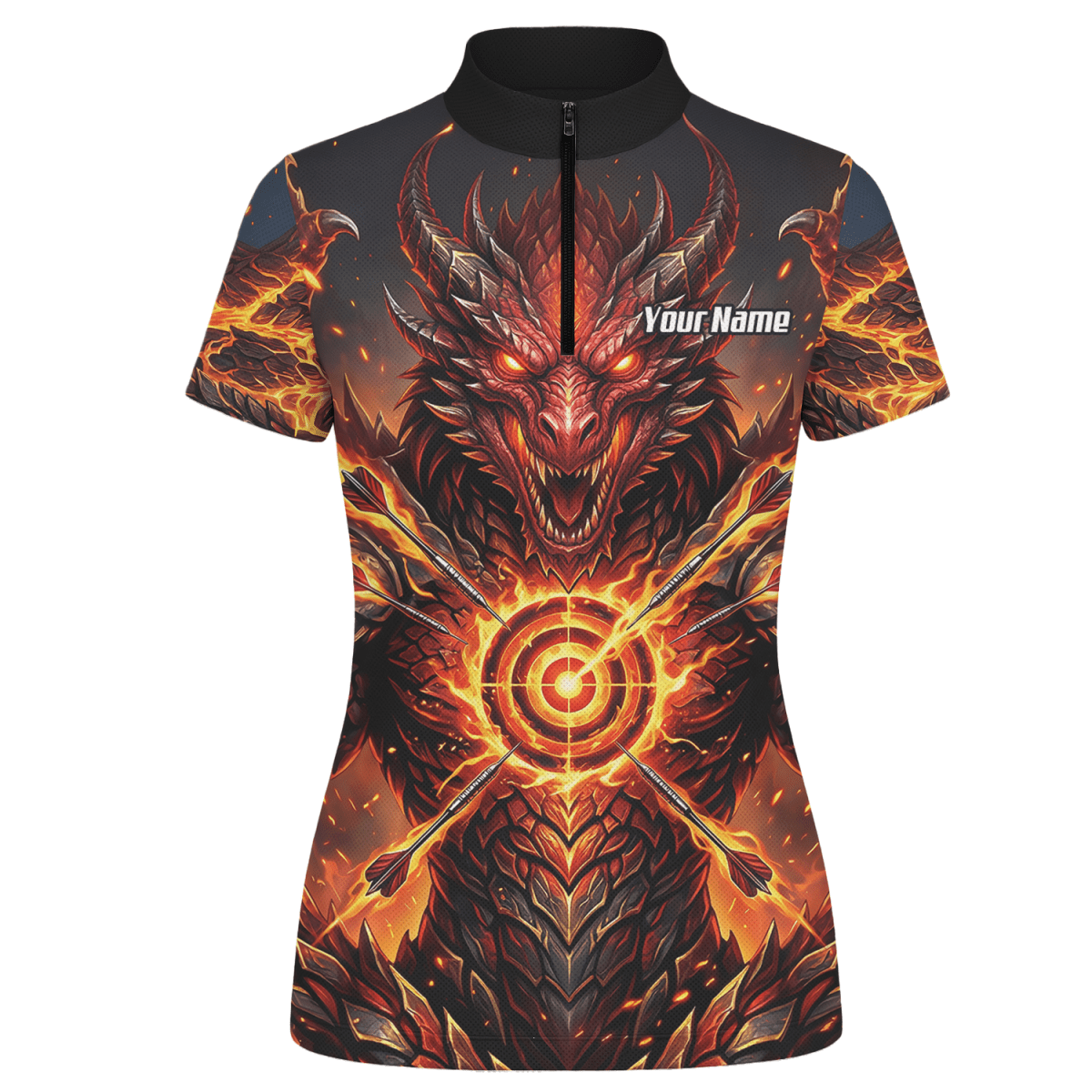 Dart Trikot Damen – Design Feuer - Drache in Schwarz und Rot P4508 - Outfitsuche