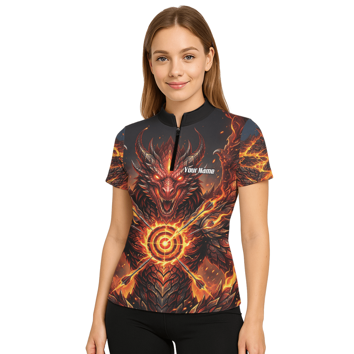Dart Trikot Damen – Design Feuer - Drache in Schwarz und Rot P4508 - Outfitsuche