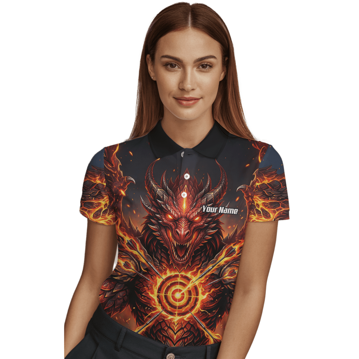 Dart Trikot Damen – Design Feuer - Drache in Schwarz und Rot P4508 - Outfitsuche