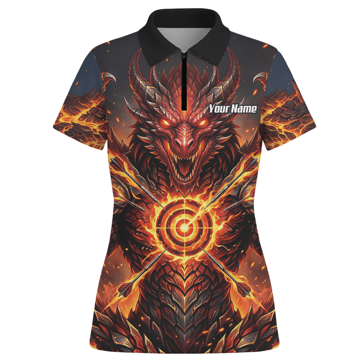 Dart Trikot Damen – Design Feuer - Drache in Schwarz und Rot P4508 - Outfitsuche