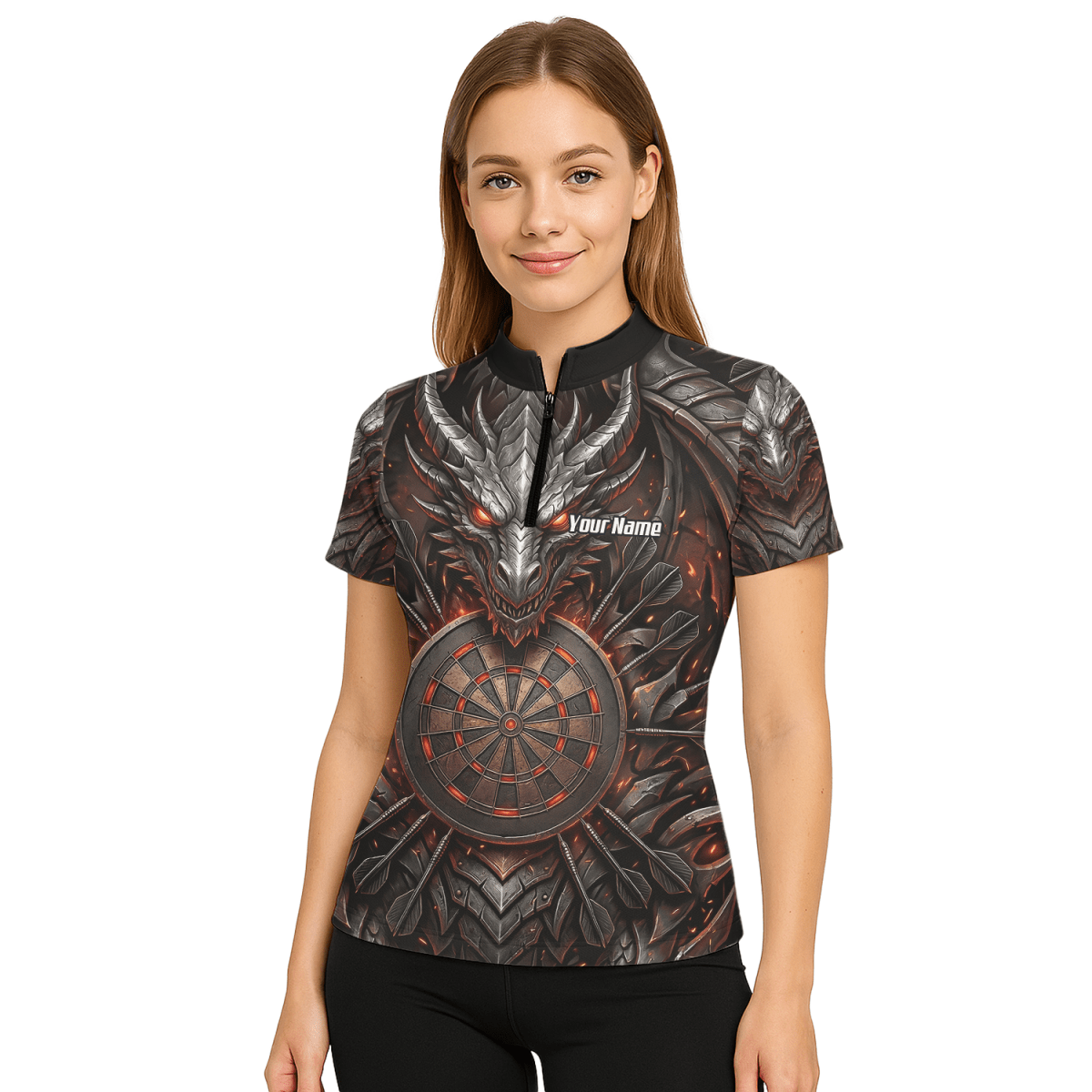 Dart Trikot Damen – Drachen & Dartboard Motiv, Schwarz - Rot J1144 - Outfitsuche