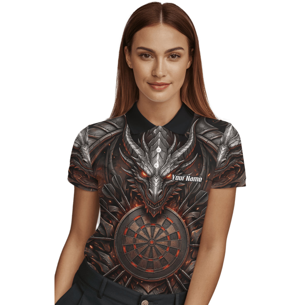 Dart Trikot Damen – Drachen & Dartboard Motiv, Schwarz - Rot J1144 - Outfitsuche