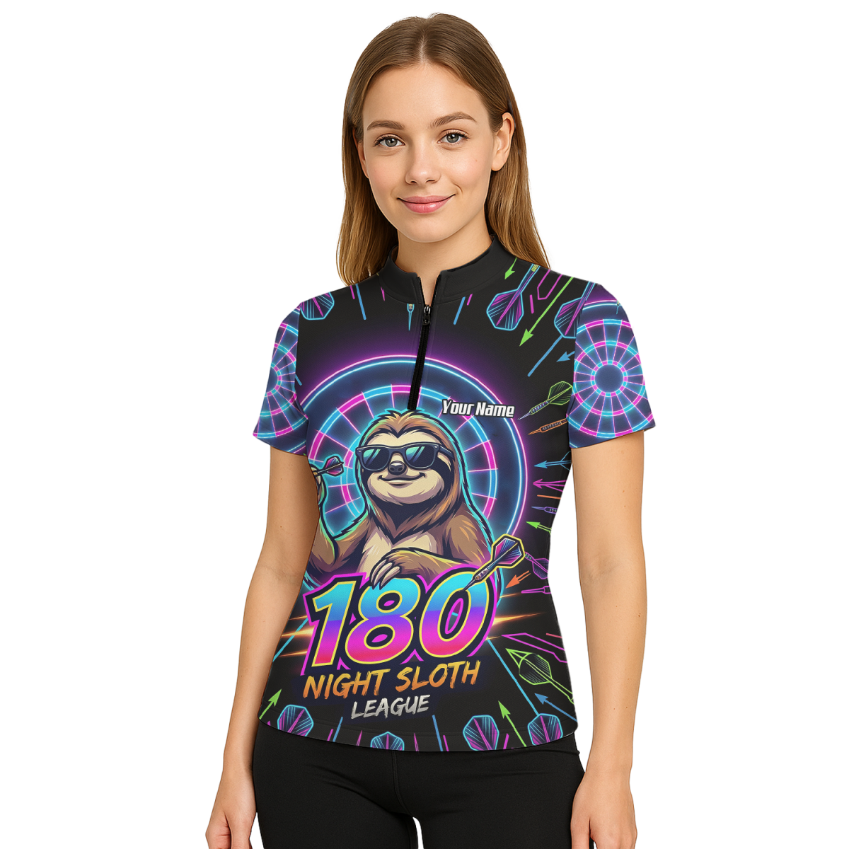 Dart Trikot Damen – Faultier 180 Night Sloth Neon Design Schwarz I5226 - Outfitsuche