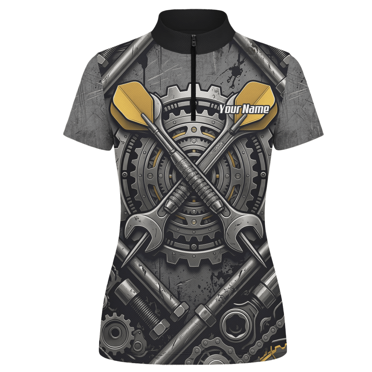 Dart Trikot Damen – Industrial Mechanik Zahnrad Design Schwarz Gold A4038 - Outfitsuche