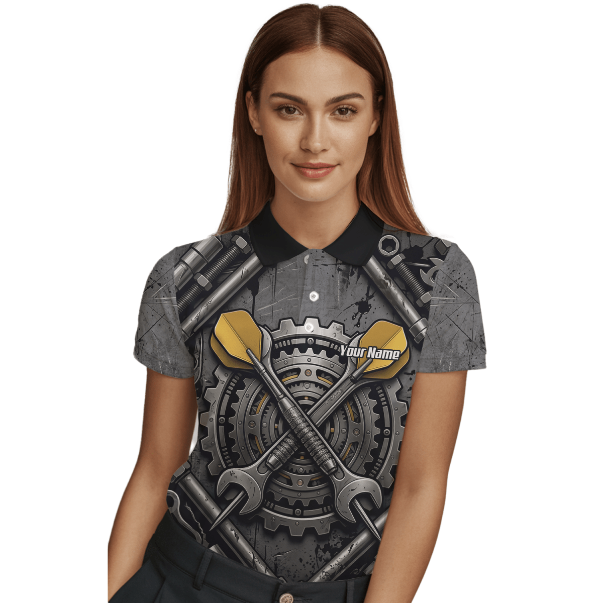 Dart Trikot Damen – Industrial Mechanik Zahnrad Design Schwarz Gold A4038 - Outfitsuche