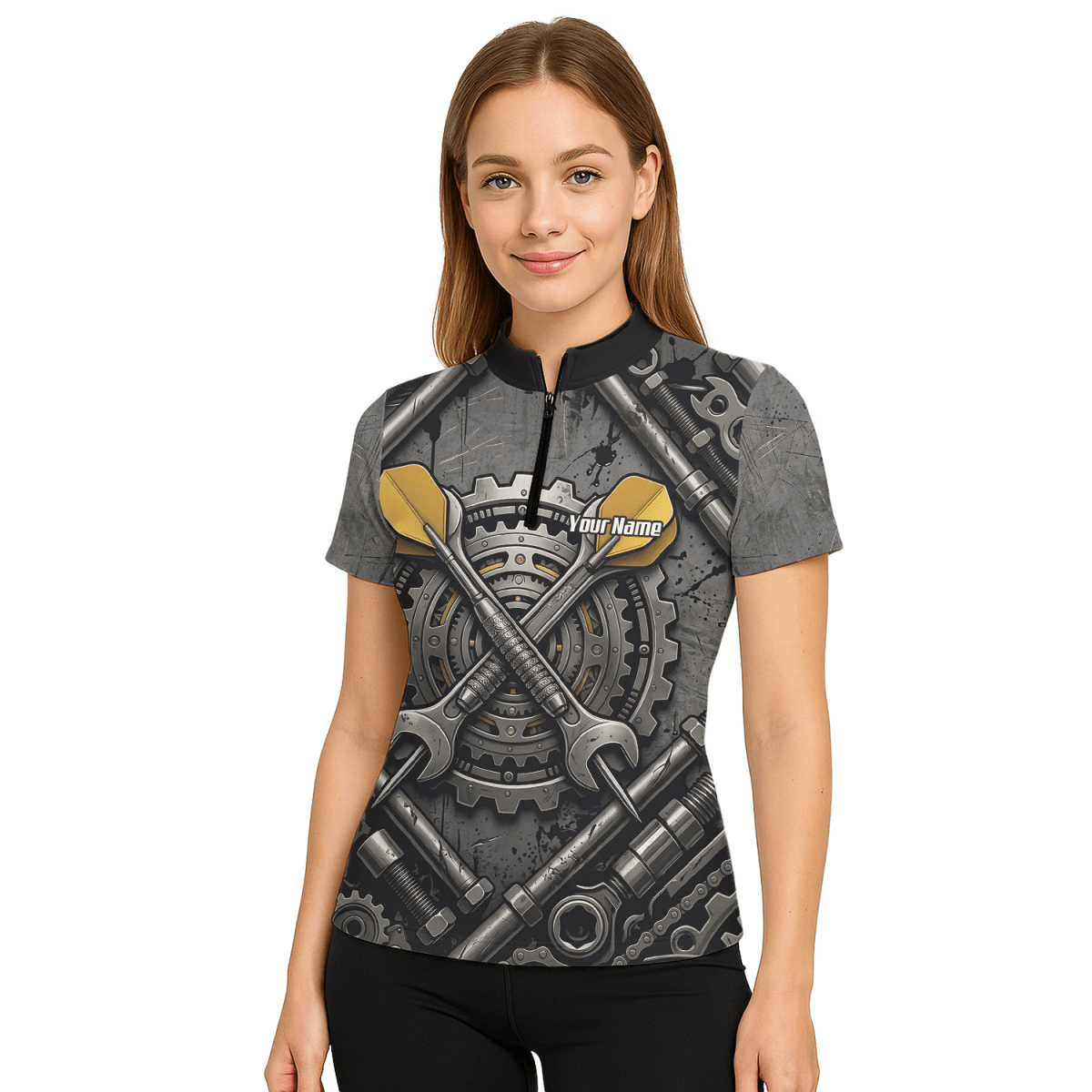 Dart Trikot Damen – Industrial Mechanik Zahnrad Design Schwarz Gold A4038 - Outfitsuche