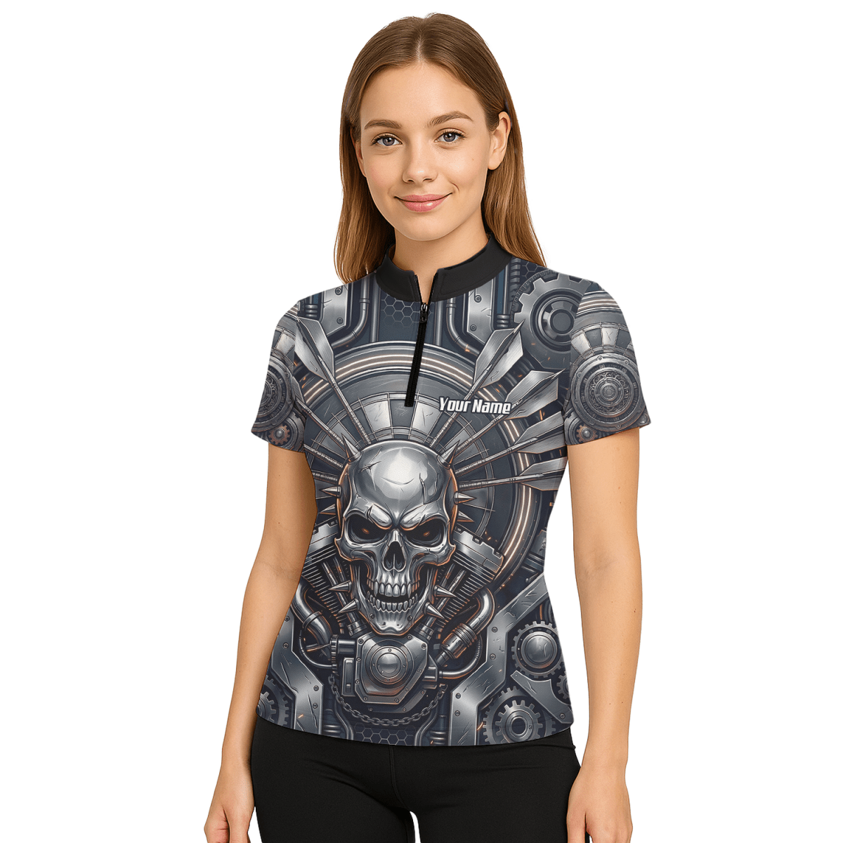 Dart Trikot Damen – Industrial Totenkopf Design in Schwarz & Silber M6840 - Outfitsuche
