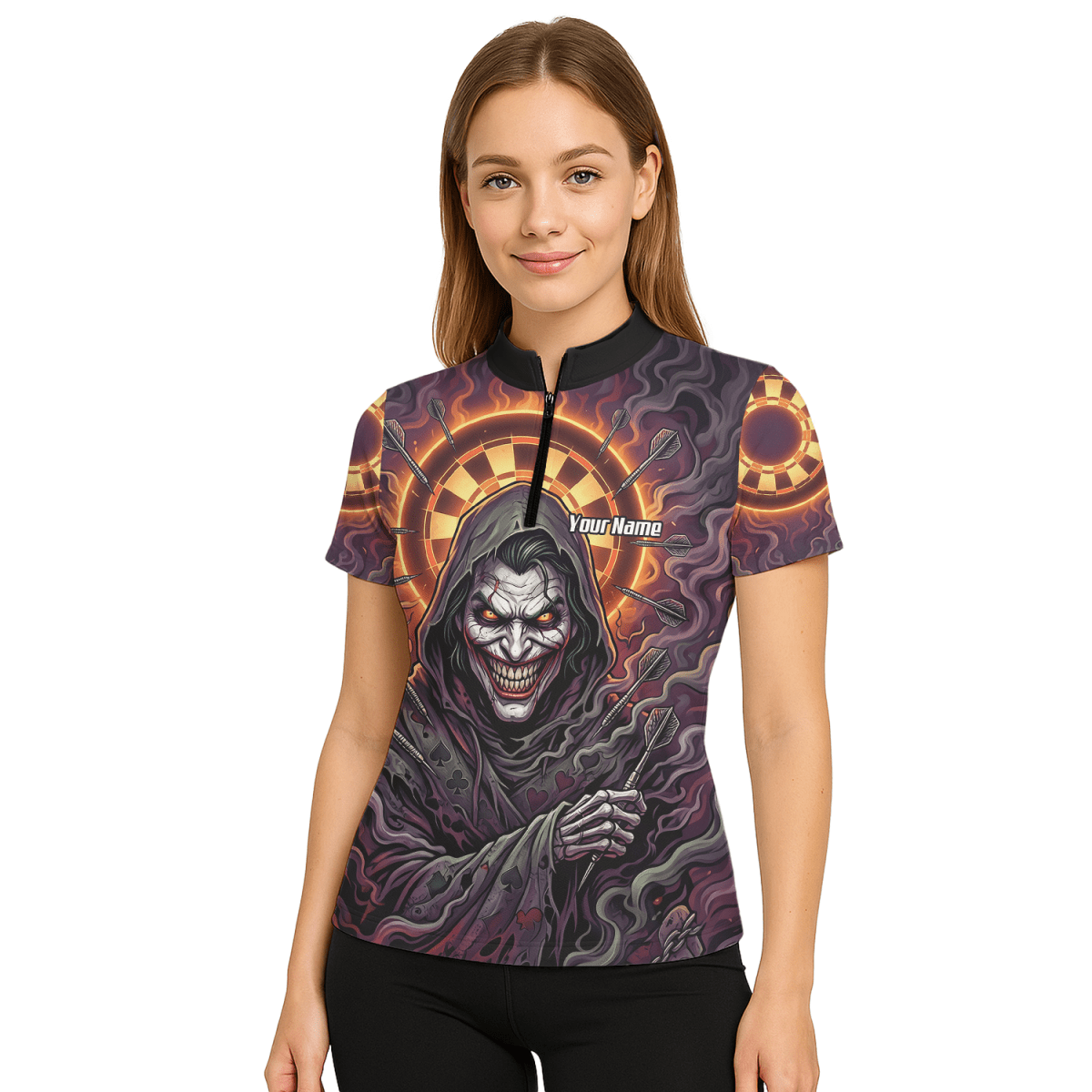 Dart Trikot Damen – Joker Motiv Personalisierbar Lila Schwarz E6621 - Outfitsuche