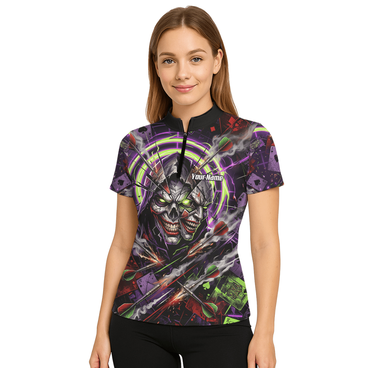 Dart Trikot Damen – Joker Totenkopf Neon Grün Violett Personalisierbar B1668 - Outfitsuche