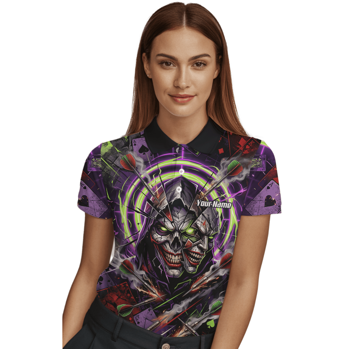Dart Trikot Damen – Joker Totenkopf Neon Grün Violett Personalisierbar B1668 - Outfitsuche