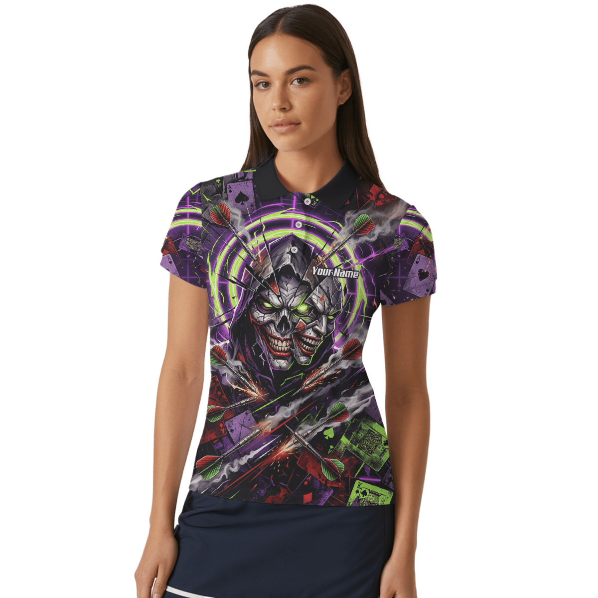 Dart Trikot Damen – Joker Totenkopf Neon Grün Violett Personalisierbar B1668 - Outfitsuche