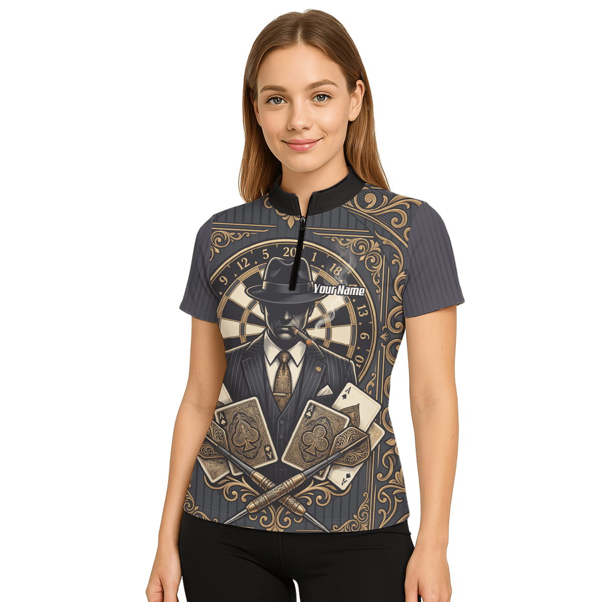 Dart Trikot Damen – Mafia Gentleman Poker Design Schwarz Gold A7182 - Outfitsuche