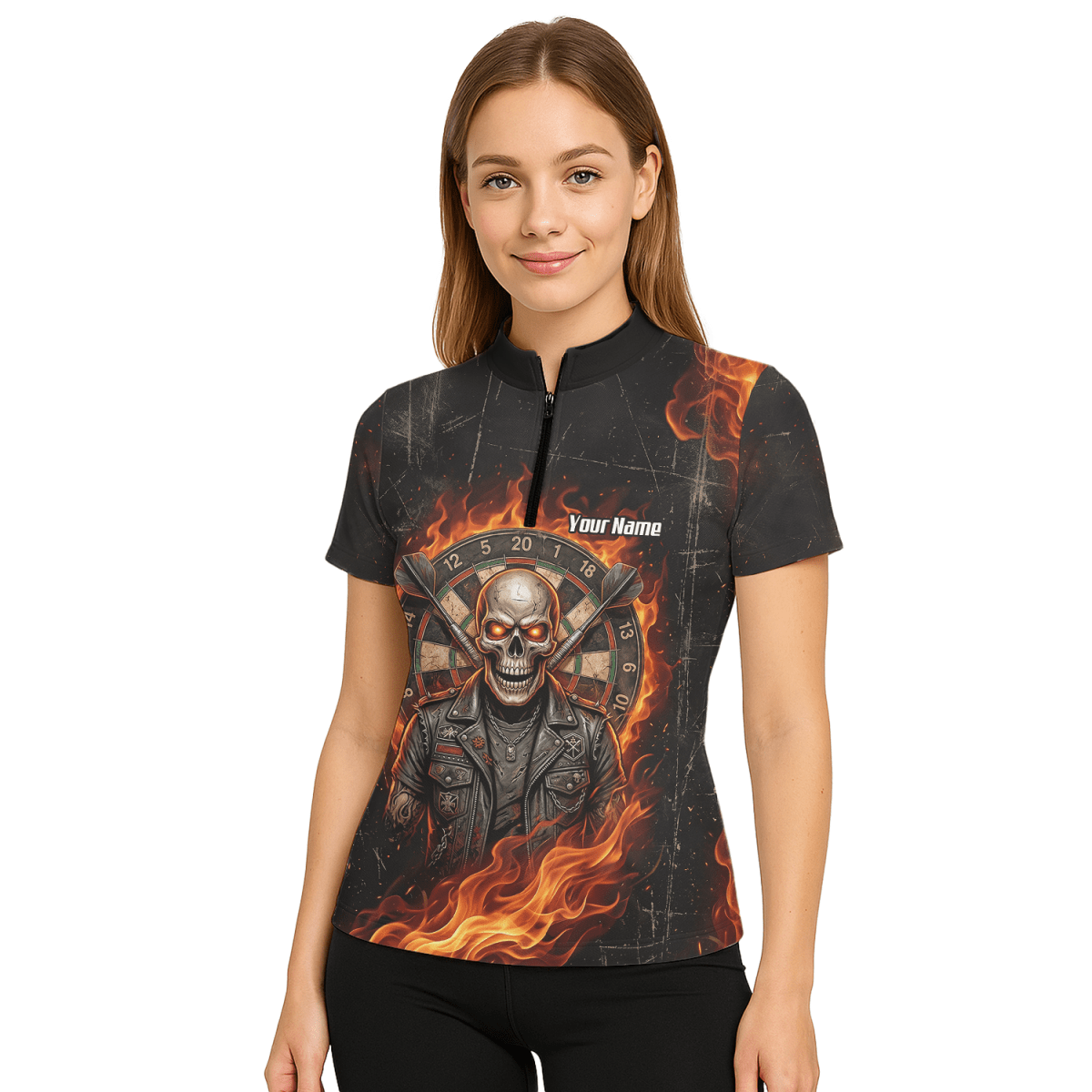 Dart Trikot Damen mit Namen – Totenkopf & Flammen Motiv Schwarz D8924 - Outfitsuche