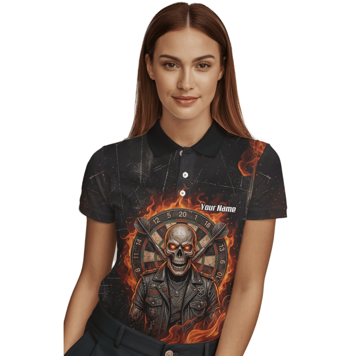 Dart Trikot Damen mit Namen – Totenkopf & Flammen Motiv Schwarz D8924 - Outfitsuche