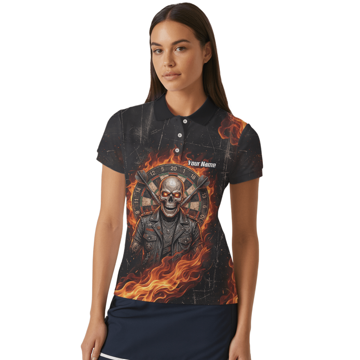 Dart Trikot Damen mit Namen – Totenkopf & Flammen Motiv Schwarz D8924 - Outfitsuche