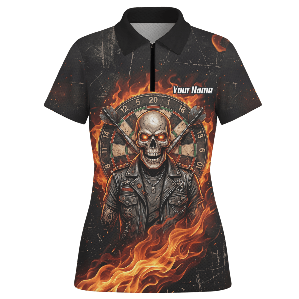 Dart Trikot Damen mit Namen – Totenkopf & Flammen Motiv Schwarz D8924 - Outfitsuche