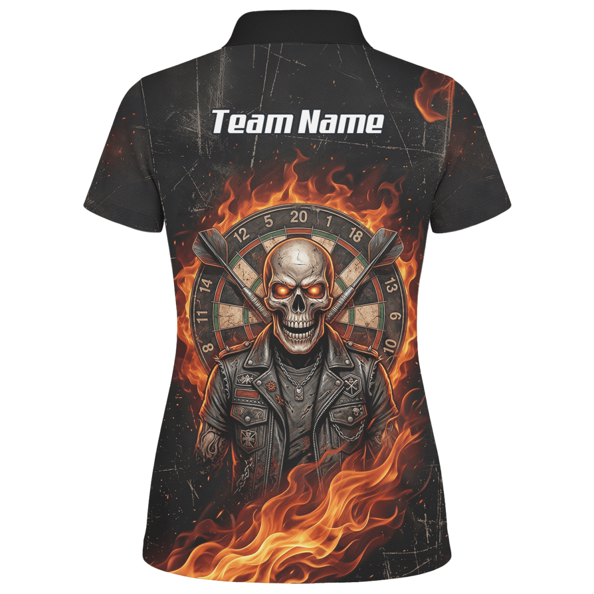 Dart Trikot Damen mit Namen – Totenkopf & Flammen Motiv Schwarz D8924 - Outfitsuche
