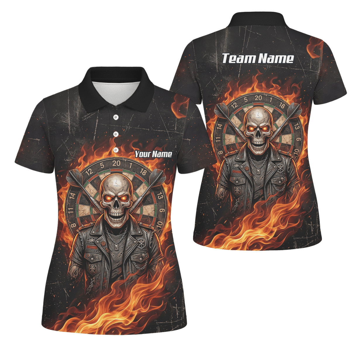Dart Trikot Damen mit Namen – Totenkopf & Flammen Motiv Schwarz D8924 - Outfitsuche