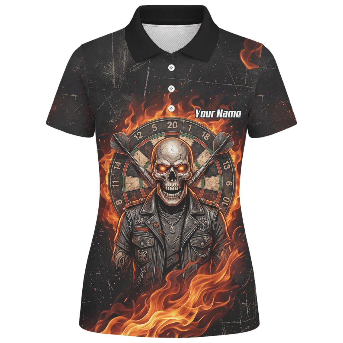 Dart Trikot Damen mit Namen – Totenkopf & Flammen Motiv Schwarz D8924 - Outfitsuche