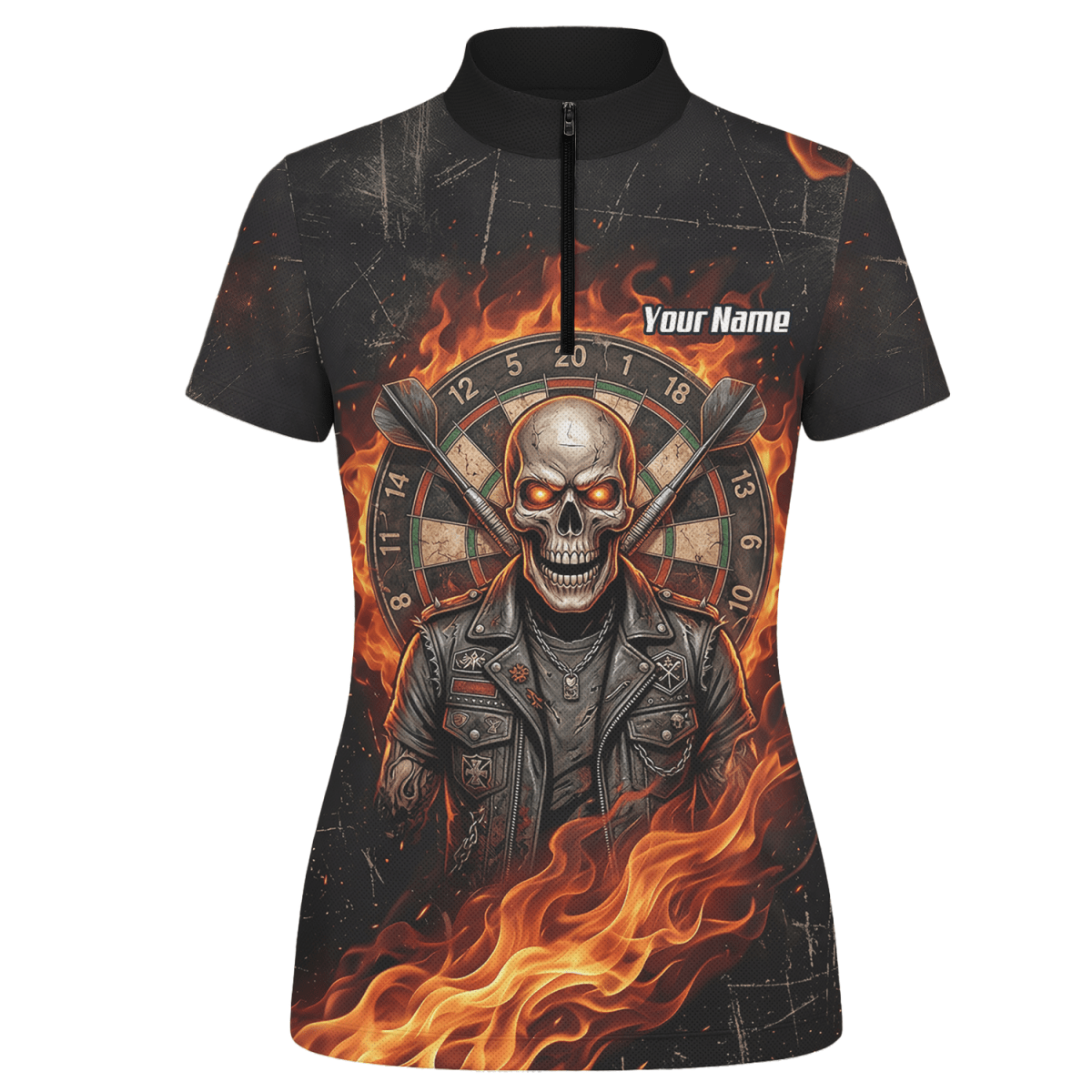 Dart Trikot Damen mit Namen – Totenkopf & Flammen Motiv Schwarz D8924 - Outfitsuche