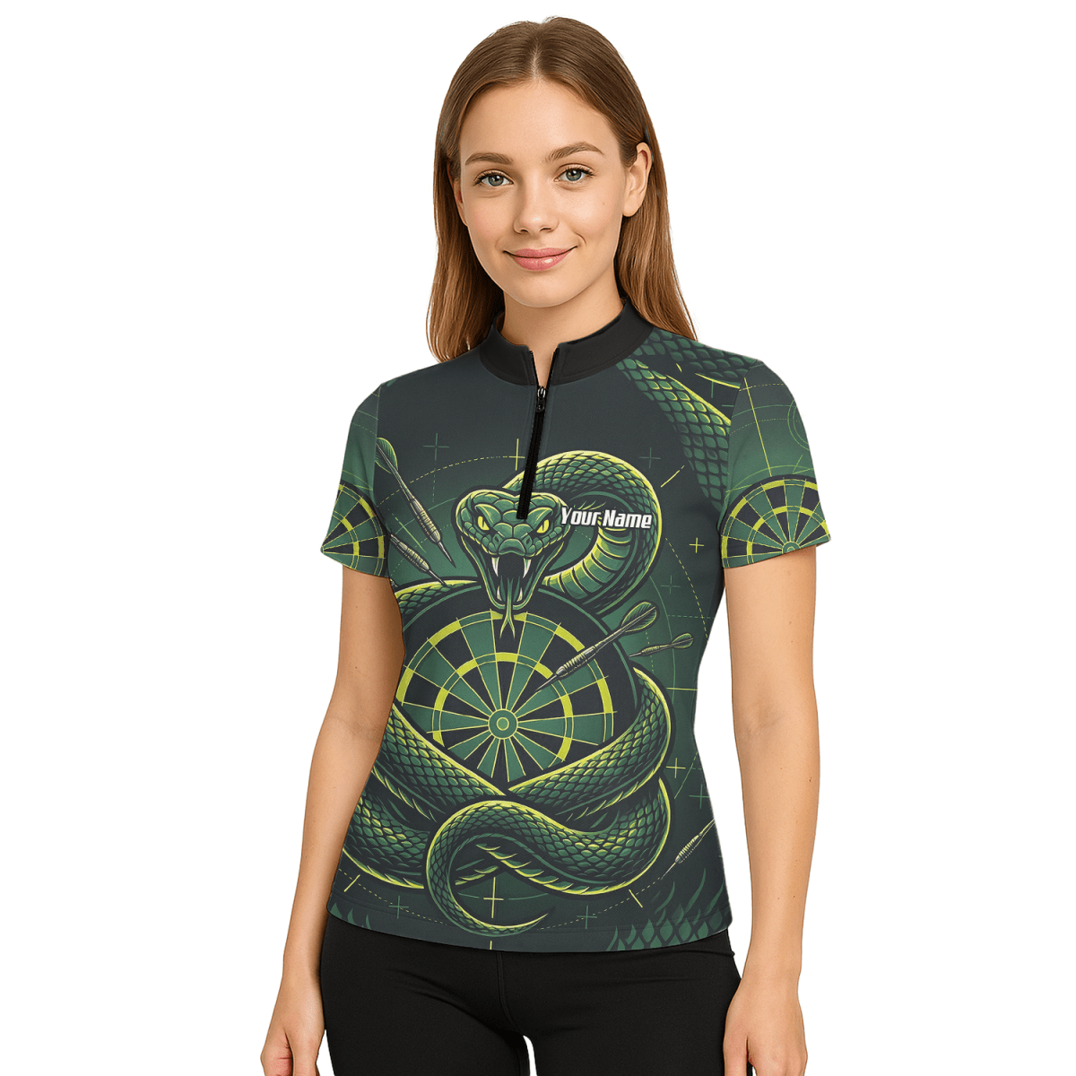 Dart Trikot Damen – Motiv Grüne Schlange & Dartscheibe – Schwarz J9840 - Outfitsuche