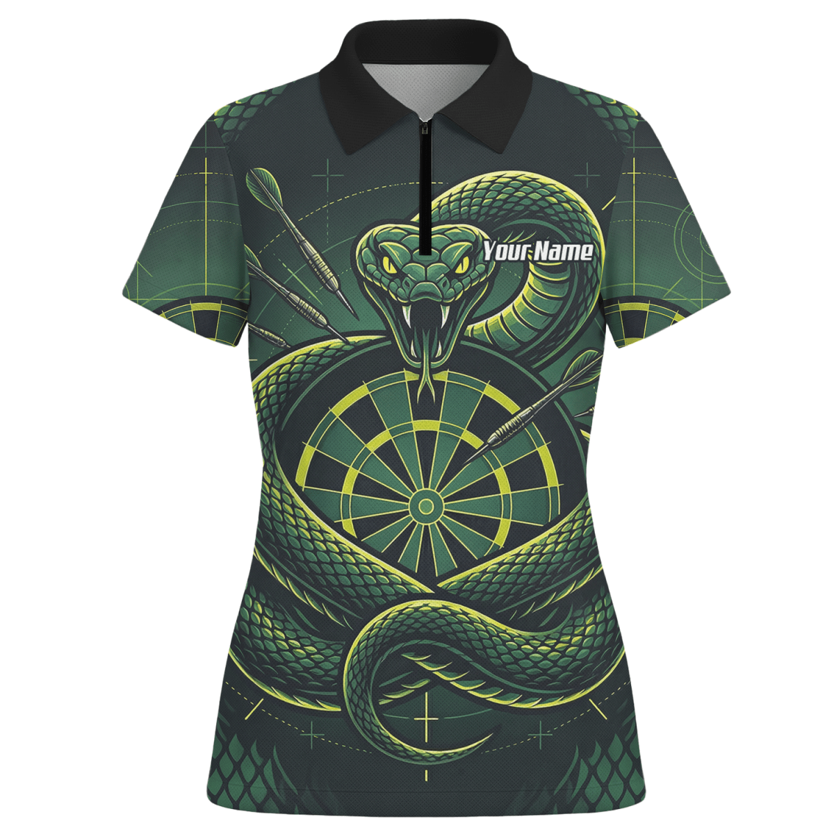 Dart Trikot Damen – Motiv Grüne Schlange & Dartscheibe – Schwarz J9840 - Outfitsuche