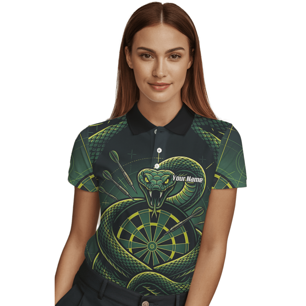 Dart Trikot Damen – Motiv Grüne Schlange & Dartscheibe – Schwarz J9840 - Outfitsuche