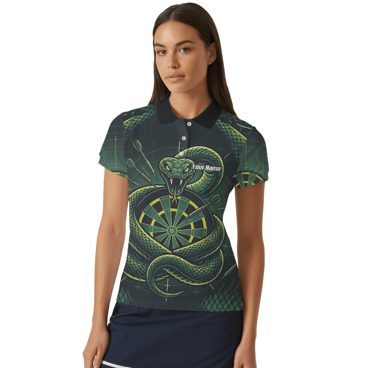 Dart Trikot Damen – Motiv Grüne Schlange & Dartscheibe – Schwarz J9840 - Outfitsuche