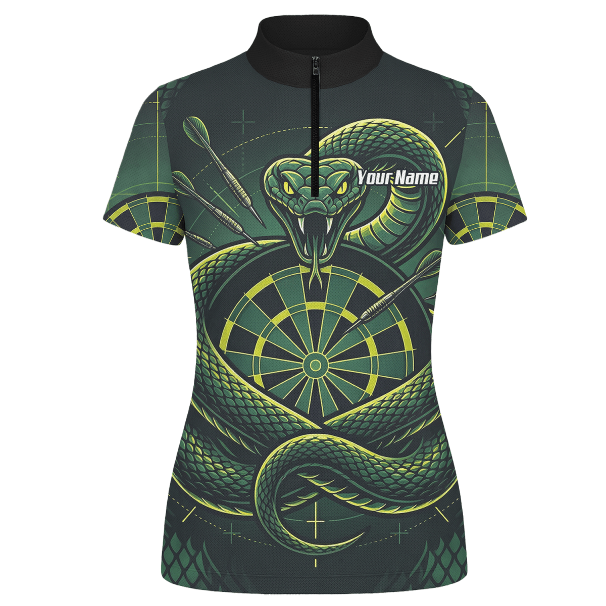 Dart Trikot Damen – Motiv Grüne Schlange & Dartscheibe – Schwarz J9840 - Outfitsuche