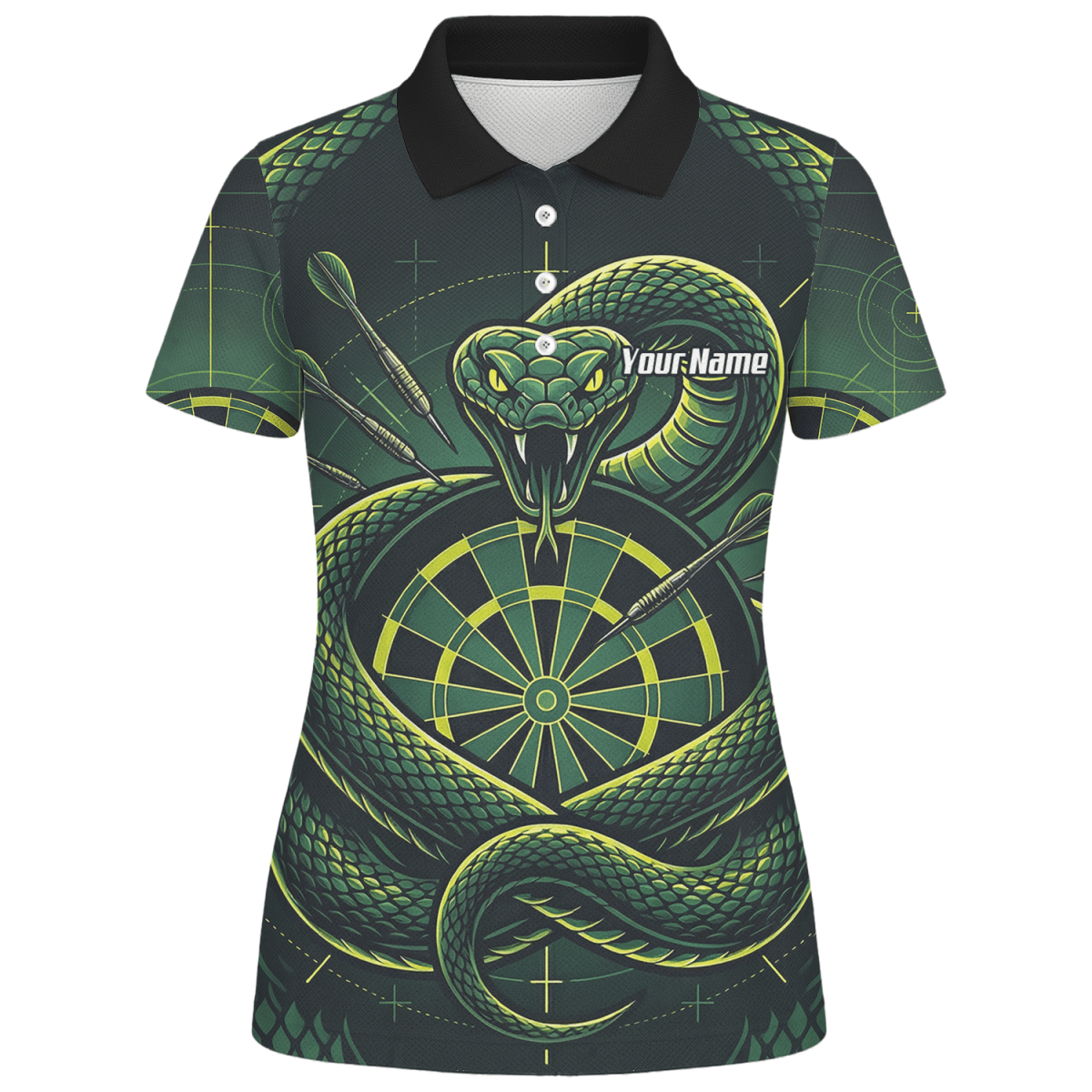 Dart Trikot Damen – Motiv Grüne Schlange & Dartscheibe – Schwarz J9840 - Outfitsuche