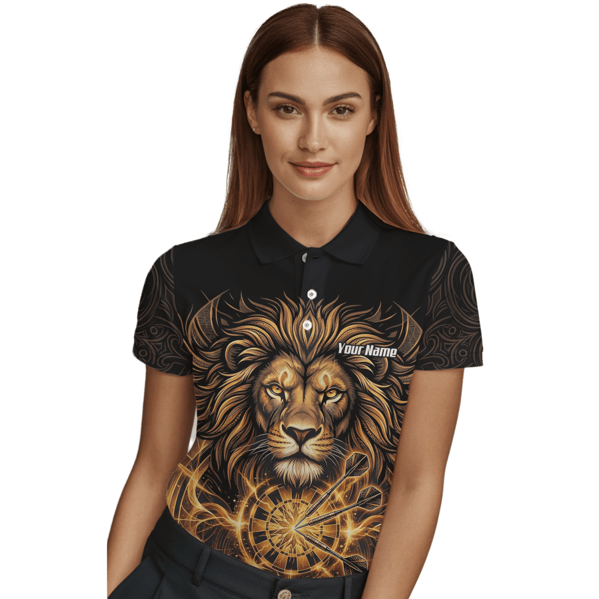 Dart Trikot Damen – Motiv Löwe Gold & Schwarz – Personalisierbar P5667 - Outfitsuche