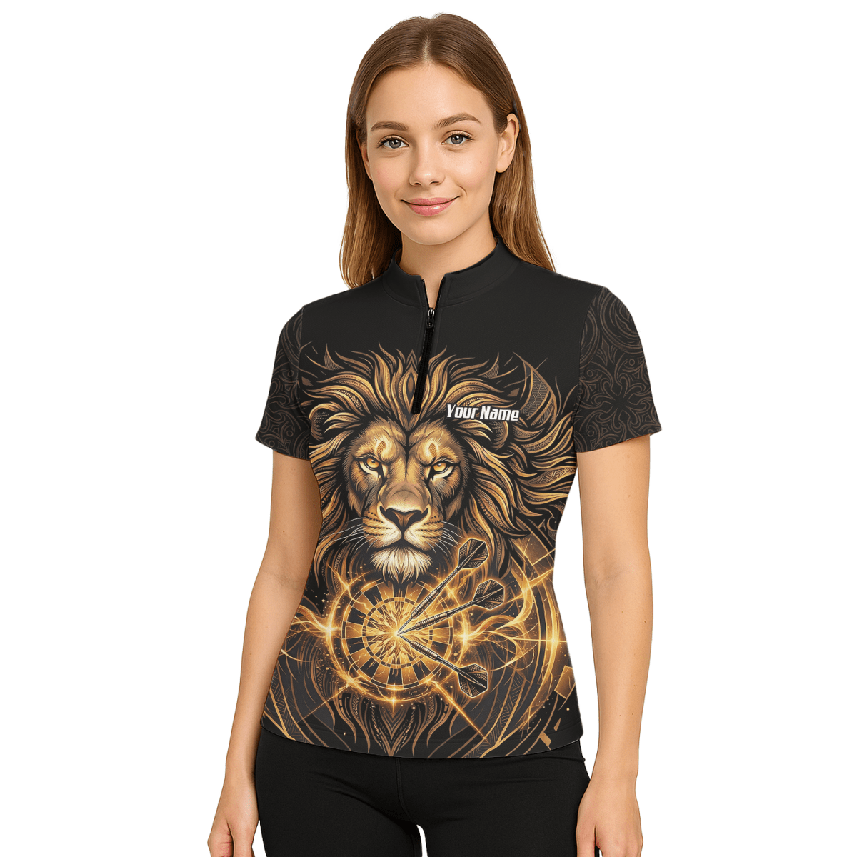Dart Trikot Damen – Motiv Löwe Gold & Schwarz – Personalisierbar P5667 - Outfitsuche