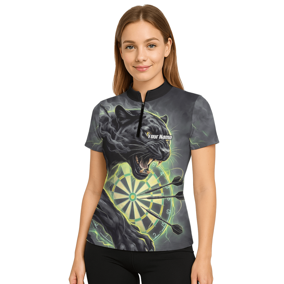 Dart Trikot Damen – Motiv Schwarzer Panther in Schwarz & Grün K7905 - Outfitsuche