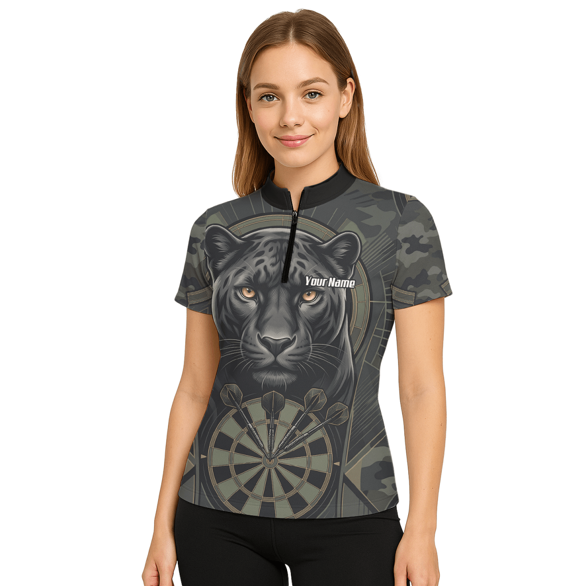 Dart Trikot Damen – Motiv Schwarzer Panther – Schwarz/Oliv Personalisierbar J7347 - Outfitsuche