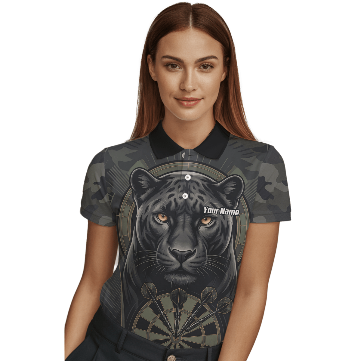 Dart Trikot Damen – Motiv Schwarzer Panther – Schwarz/Oliv Personalisierbar J7347 - Outfitsuche