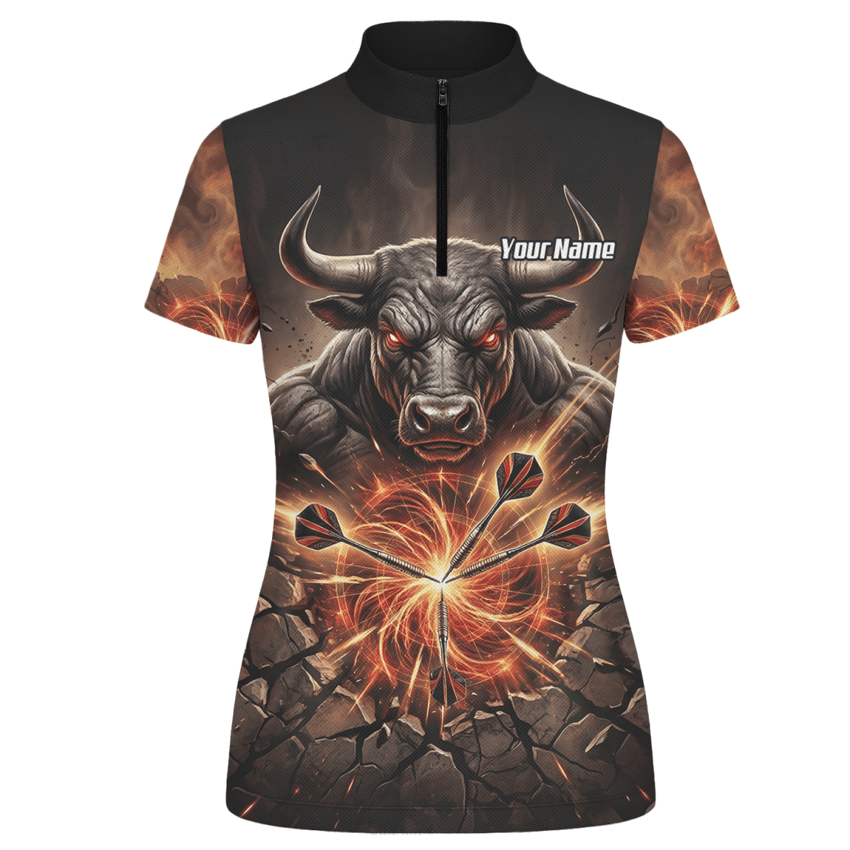 Dart Trikot Damen – Motiv Wütender Stier & Flammen – Personalisierbar Y4522 - Outfitsuche