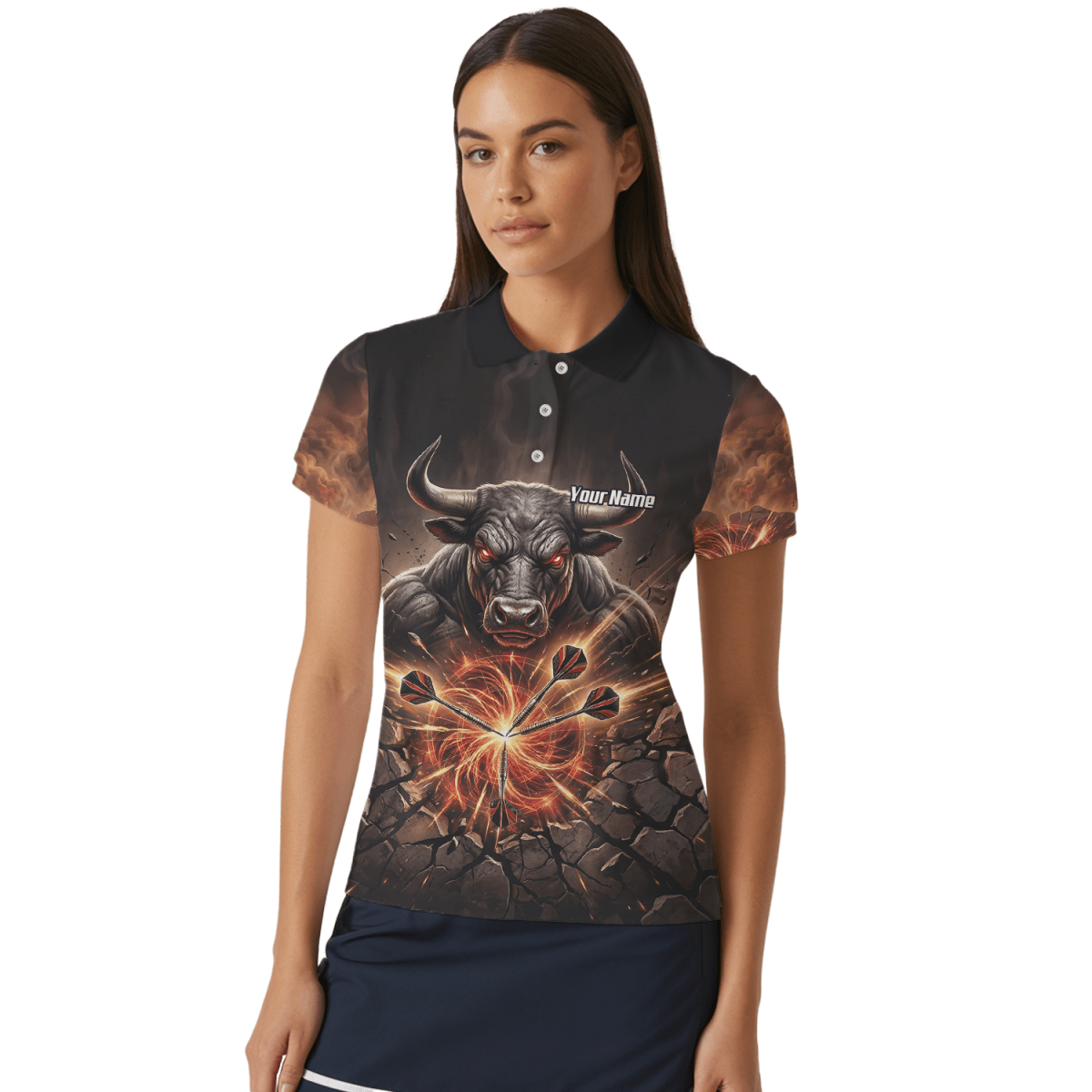 Dart Trikot Damen – Motiv Wütender Stier & Flammen – Personalisierbar Y4522 - Outfitsuche