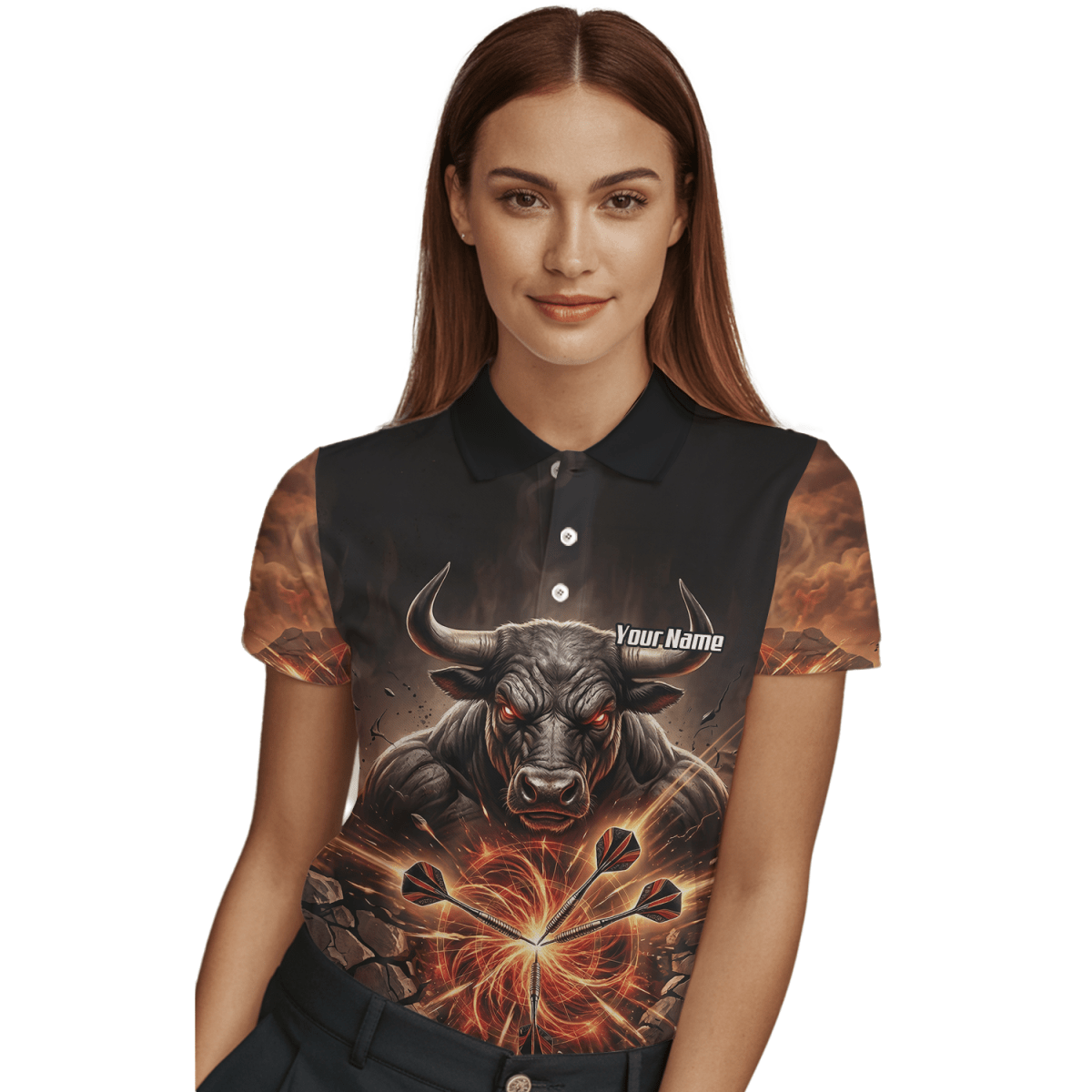 Dart Trikot Damen – Motiv Wütender Stier & Flammen – Personalisierbar Y4522 - Outfitsuche