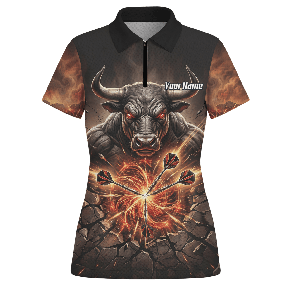 Dart Trikot Damen – Motiv Wütender Stier & Flammen – Personalisierbar Y4522 - Outfitsuche