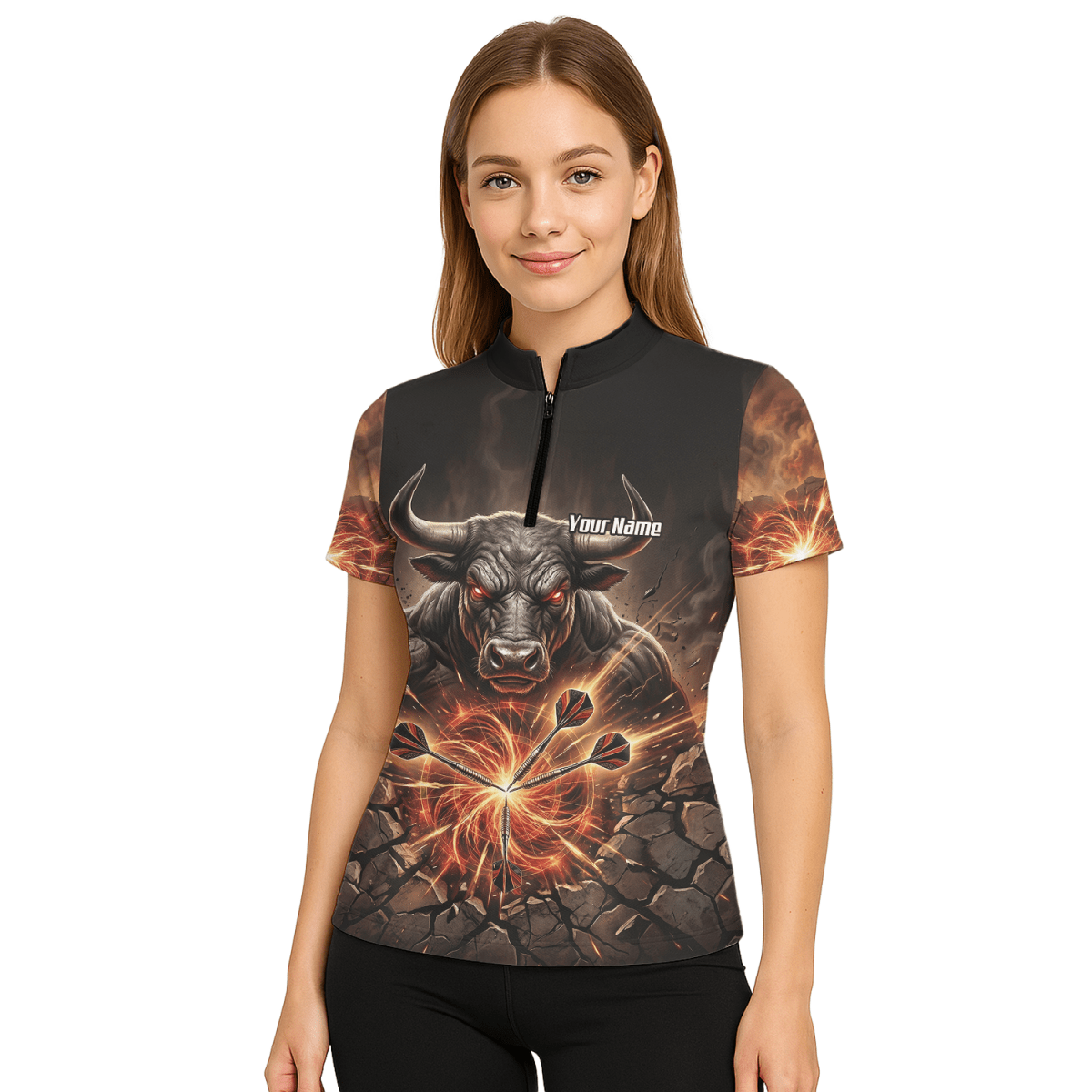 Dart Trikot Damen – Motiv Wütender Stier & Flammen – Personalisierbar Y4522 - Outfitsuche