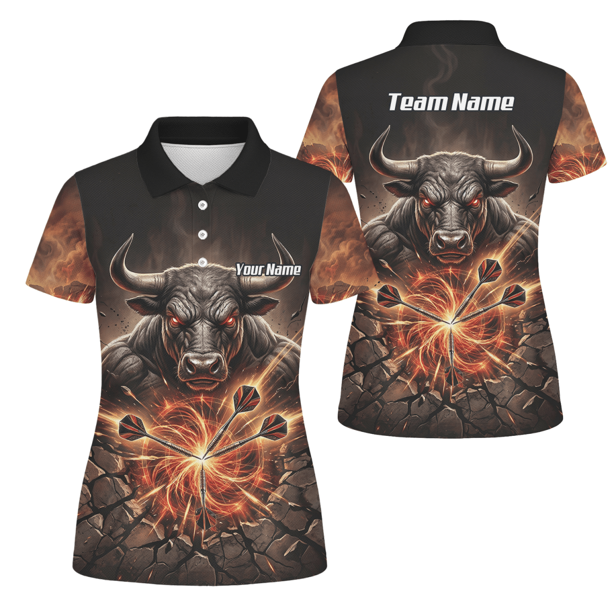 Dart Trikot Damen – Motiv Wütender Stier & Flammen – Personalisierbar Y4522 - Outfitsuche