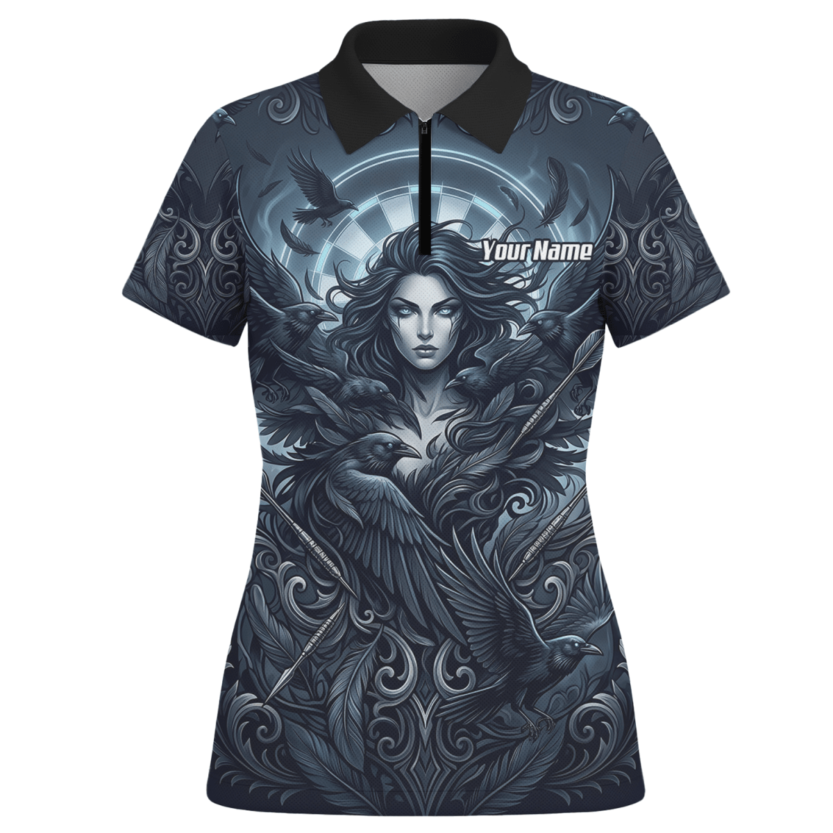 Dart Trikot Damen – Mystische Göttin & Raben Design Blau Schwarz E5253 - Outfitsuche